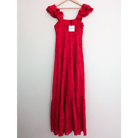 Liu Jo Milano Red Maxi Dress IT 38 US 2 Cotton Sleeveless Elegant Italian Long - Picture 2 of 10